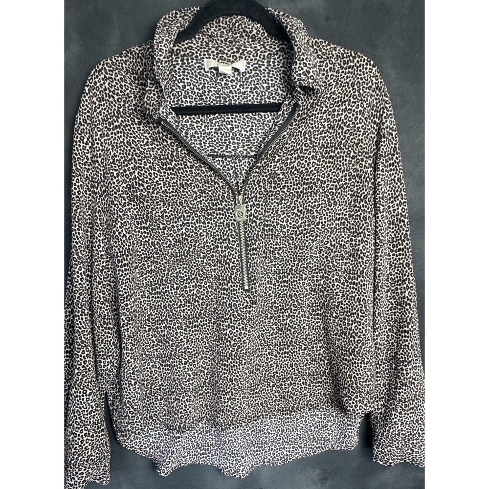 Michael Kors Leopard Print Quarter Zip Top Pullover MK Logo Gold Hardware Small